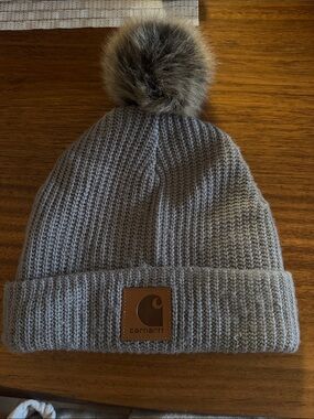 Carhartt Gray Knit Beanie with Faux Fur Pom